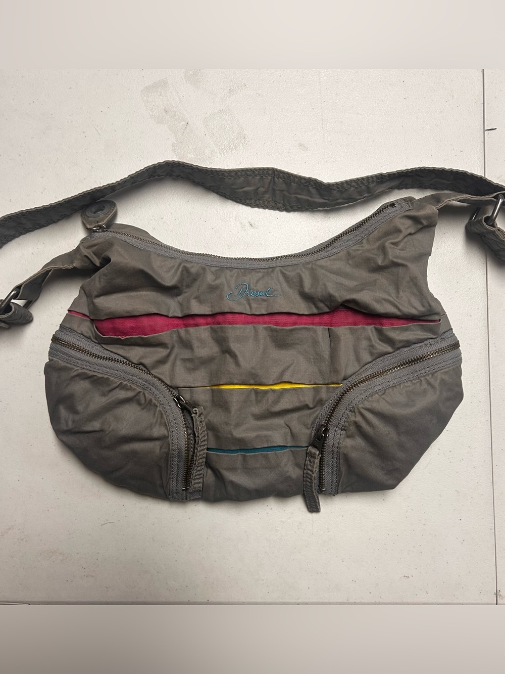 Vintage Diesel Gray Crescent Shoulder Bag Zip Closure Adjustable Strap